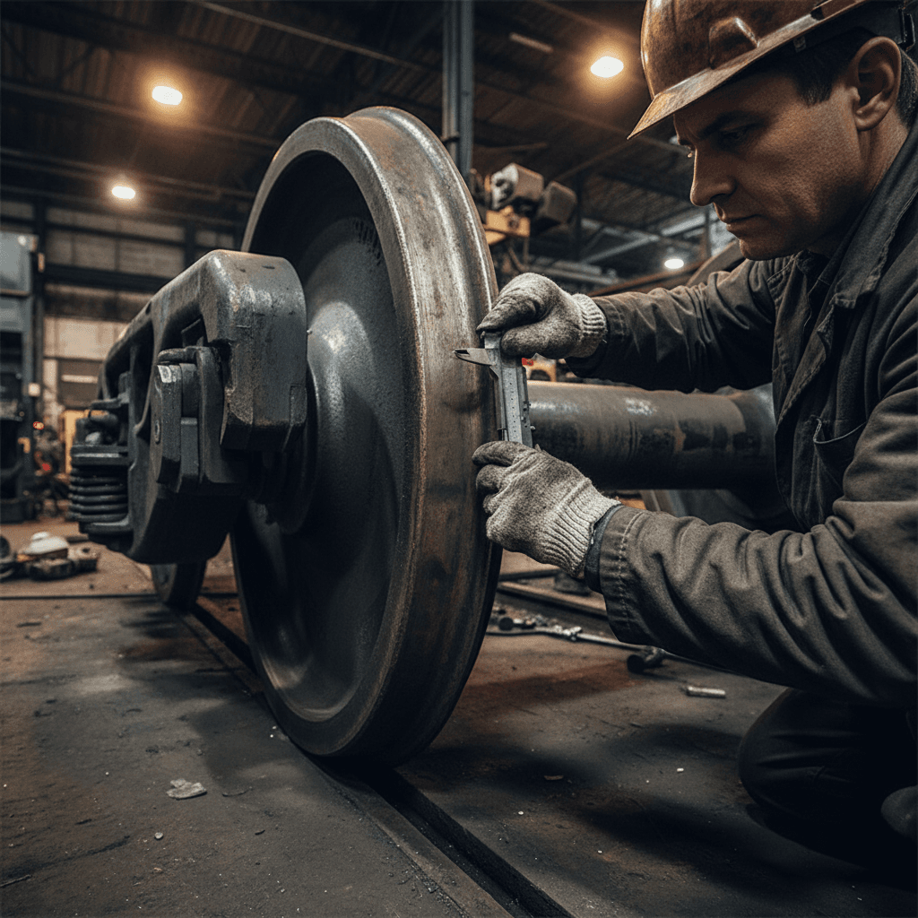 Technician performing detailed railcar wheel assembly inspection