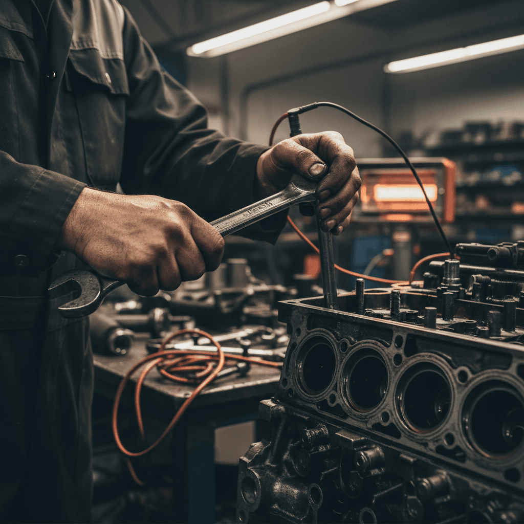 Technician performing precision repair work on railcar coupling
